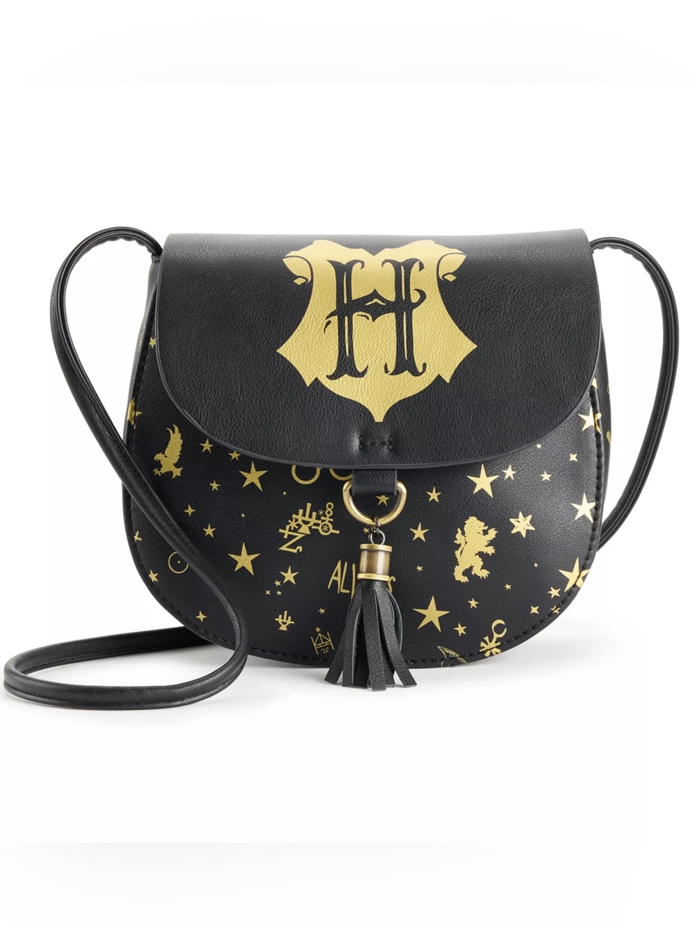 Harry Potter Black Crossbody Bag with Gold Crest and Tassel Accent